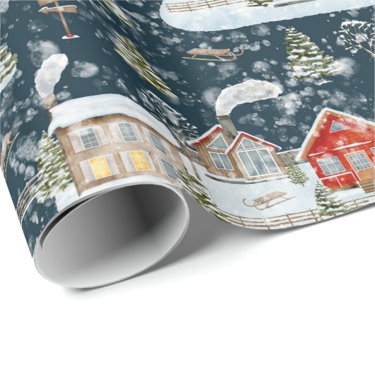 Christmas House Waterverf Pattern Cadeaupapier (Rol Hoek)