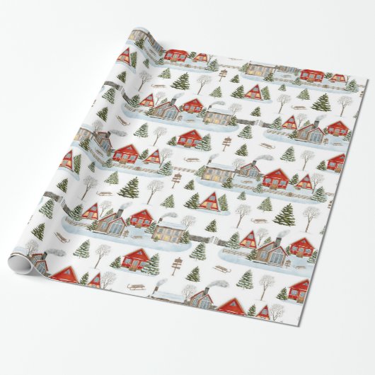 Christmas House Waterverf Pattern Cadeaupapier (Uitgerold)
