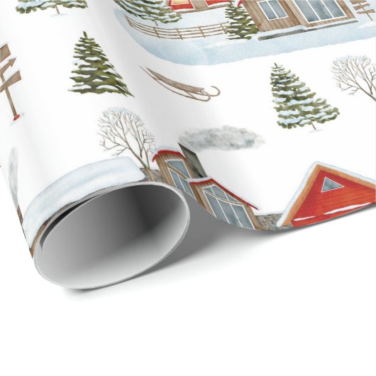Christmas House Waterverf Pattern Cadeaupapier (Rol Hoek)