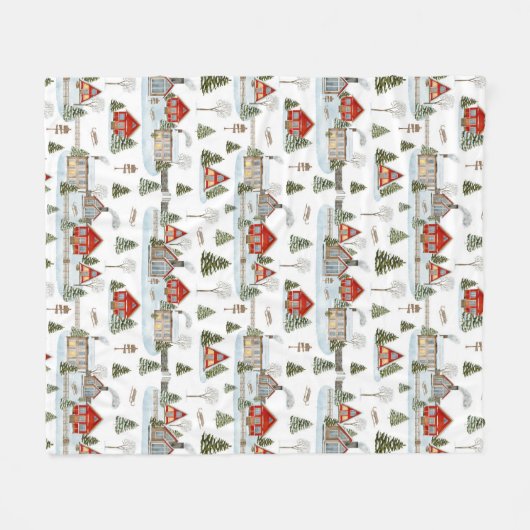 Christmas House Waterverf Pattern Fleece Deken (Voorkant (Horizontaal))