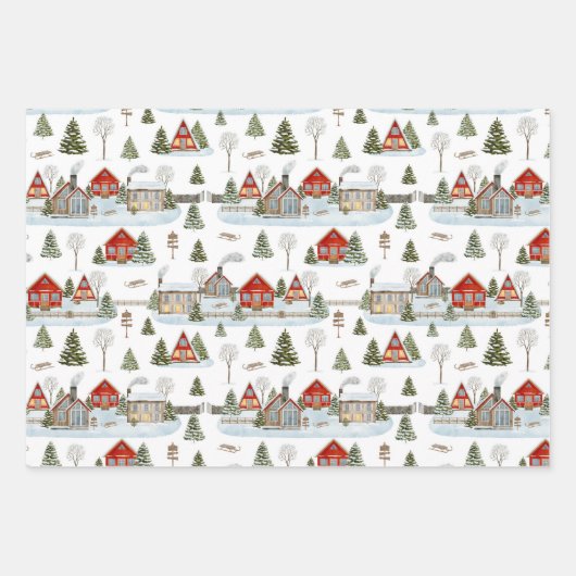 Christmas House Waterverf Pattern Inpakpapier Vel (Voorkant)