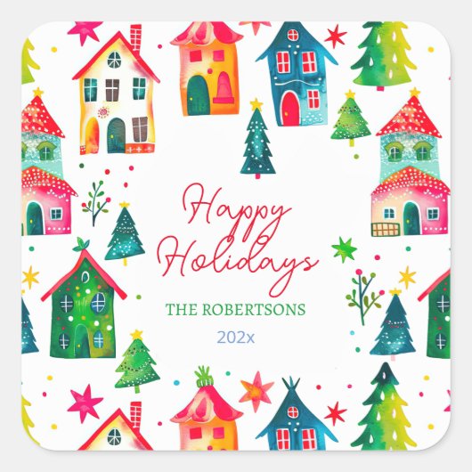 Christmas Houses Happy Holidays Vierkante Sticker (Voorkant)