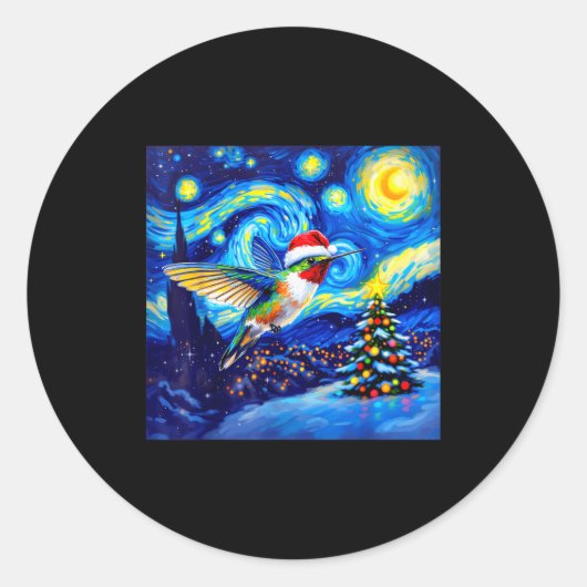 Christmas Hummingbird Santa Hat Van Gogh Starry Ni Ronde Sticker (Voorkant)