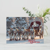 Christmas Huskies trekken slee gepersonaliseerd Feestdagenkaart (Staand voorkant)