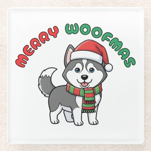 Christmas Husky Coaster: Merry Woofmas Glazen Onderzetter (Voorkant)