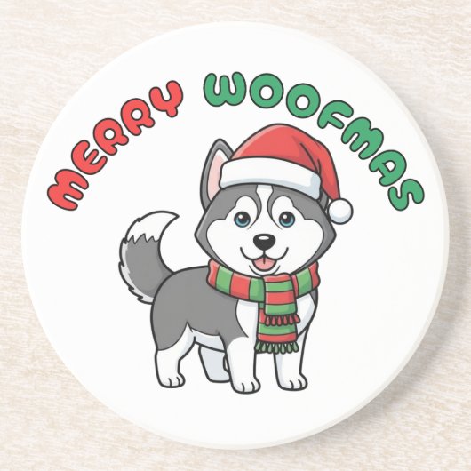Christmas Husky Coaster: Merry Woofmas Zandsteen Onderzetter (Voorkant)