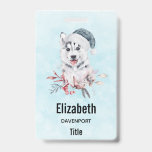 Christmas Husky Dog in a Santa Hat Badge<br><div class="desc">Persoonlijke naamkaart met een grillig en schattig schilderij van een husky dog met een blauwe kersthoed.</div>
