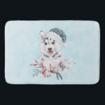 Christmas Husky Dog in a Santa Hat Badmat<br><div class="desc">Een badmat met een griezelig en schattig schilderij van een husky hond met een blauwe kersthoed.</div>