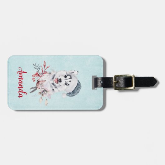 Christmas Husky Dog in a Santa Hat Bagagelabel (Voorkant horizontaal)