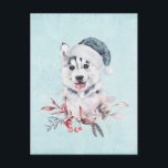 Christmas Husky Dog in a Santa Hat Briefkaart<br><div class="desc">Een briefkaart met een griezelig en schattig schilderij van een husky hond met een blauwe kersthoed.</div>