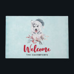 Christmas Husky Dog in a Santa Hat Deurmat<br><div class="desc">Een welkome portret met een griezelig en schattig schilderij van een husky dog met een blauwe kersthoed.</div>