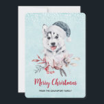 Christmas Husky Dog in a Santa Hat Feestdagenkaart<br><div class="desc">Een platte kerstkaart met een griezelig en leuk waterverf schilderij van een husky dog met een blauwe kersthoed.</div>