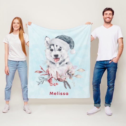 Christmas Husky Dog in a Santa Hat Fleece Deken (In situ)