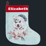 Christmas Husky Dog in a Santa Hat Grote Kerstsok<br><div class="desc">Kerstmis met een griezelig en schattig schilderij van een husky hond met een blauwe kersthoed.</div>