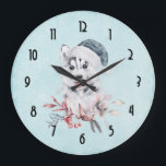 Christmas Husky Dog in a Santa Hat Grote Klok<br><div class="desc">A clock with a whimsical and cute watercolor painting of a husky dog wearing a blue Santa hat.</div>