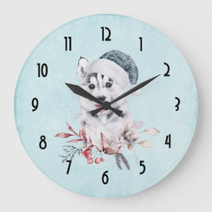 Christmas Husky Dog in a Santa Hat Grote Klok