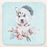 Christmas Husky Dog in a Santa Hat Kartonnen Onderzetters<br><div class="desc">Papieren onderzetters met een griezelig en schattig schilderij van een husky hond met een blauwe kersthoed.</div>