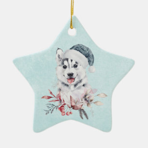 Christmas Husky Dog in a Santa Hat Keramisch Ornament