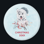 Christmas Husky Dog in a Santa Hat Magneet<br><div class="desc">Een magneet met een griezelig en schattig schilderij van een husky dog met een blauwe kersthoed.</div>