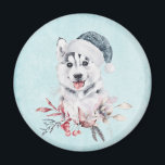 Christmas Husky Dog in a Santa Hat Magneet<br><div class="desc">Een magneet met een griezelig en schattig schilderij van een husky dog met een blauwe kersthoed.</div>