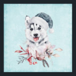 Christmas Husky Dog in a Santa Hat Poster<br><div class="desc">Poster met een griezelig en schattig schilderij van een husky dog met een blauwe kersthoed.</div>
