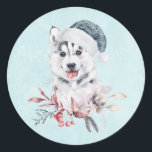 Christmas Husky Dog in a Santa Hat Ronde Sticker<br><div class="desc">Stickers met een griezelig en schattig schilderij van een husky dog met een blauwe kersthoed.</div>