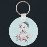 Christmas Husky Dog in a Santa Hat Sleutelhanger<br><div class="desc">Een sleutelketting met een griezelig en schattig schilderij van een husky dog met een blauwe kersthoed.</div>