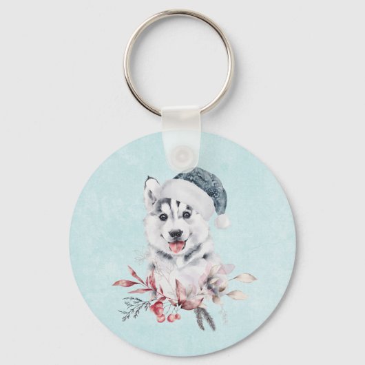 Christmas Husky Dog in a Santa Hat Sleutelhanger (Voorkant)