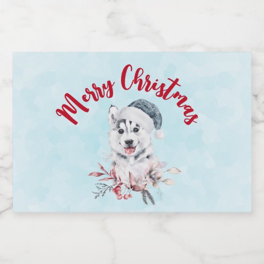 Christmas Husky Dog in a Santa Hat Sparkling Wijnetiket (Enkel label)