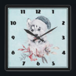 Christmas Husky Dog in a Santa Hat Vierkante Klok<br><div class="desc">A clock with a whimsical and cute watercolor painting of a husky dog wearing a blue Santa hat.</div>