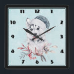 Christmas Husky Dog in a Santa Hat Vierkante Klok<br><div class="desc">A clock with a whimsical and cute watercolor painting of a husky dog wearing a blue Santa hat.</div>