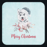 Christmas Husky Dog in a Santa Hat Vierkante Sticker<br><div class="desc">Stickers met een griezelig en schattig schilderij van een husky dog met een blauwe kersthoed.</div>