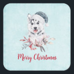 Christmas Husky Dog in a Santa Hat Vierkante Sticker<br><div class="desc">Stickers met een griezelig en schattig schilderij van een husky dog met een blauwe kersthoed.</div>