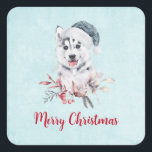 Christmas Husky Dog in a Santa Hat Vierkante Sticker<br><div class="desc">Stickers met een griezelig en schattig schilderij van een husky dog met een blauwe kersthoed.</div>