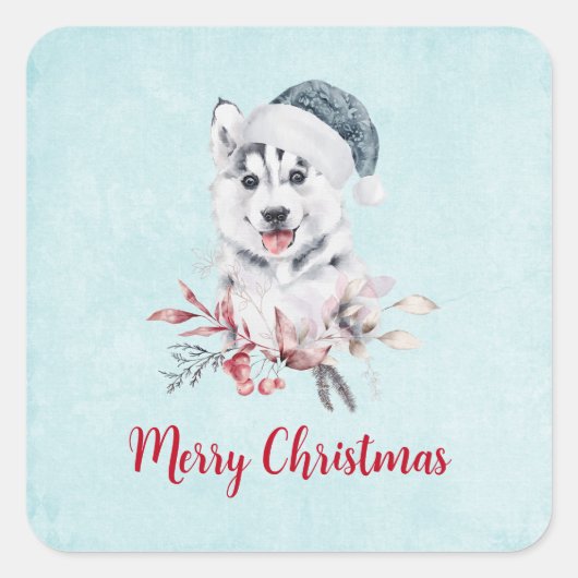 Christmas Husky Dog in a Santa Hat Vierkante Sticker (Voorkant)