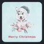 Christmas Husky Dog in a Santa Hat Vierkante Sticker<br><div class="desc">Stickers met een griezelig en schattig schilderij van een husky dog met een blauwe kersthoed.</div>