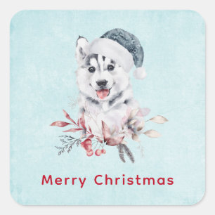 Christmas Husky Dog in a Santa Hat Vierkante Sticker