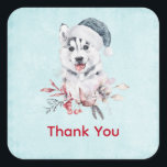 Christmas Husky Dog in a Santa Hat Vierkante Sticker<br><div class="desc">Dank je stickers met een griezelig en schattig schilderij van een husky dog met een blauwe kersthoed.</div>