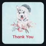 Christmas Husky Dog in a Santa Hat Vierkante Sticker<br><div class="desc">Dank je stickers met een griezelig en schattig schilderij van een husky dog met een blauwe kersthoed.</div>