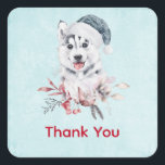 Christmas Husky Dog in a Santa Hat Vierkante Sticker<br><div class="desc">Dank je stickers met een griezelig en schattig schilderij van een husky dog met een blauwe kersthoed.</div>