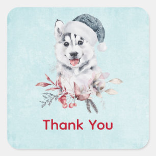 Christmas Husky Dog in a Santa Hat Vierkante Sticker