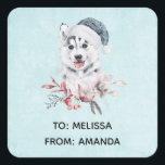 Christmas Husky Dog in a Santa Hat Vierkante Sticker<br><div class="desc">Stickers met een griezelig en schattig schilderij van een husky dog met een blauwe kersthoed.</div>