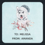 Christmas Husky Dog in a Santa Hat Vierkante Sticker<br><div class="desc">Stickers met een griezelig en schattig schilderij van een husky dog met een blauwe kersthoed.</div>