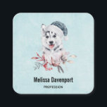 Christmas Husky Dog in a Santa Hat Vierkante Visitekaartje<br><div class="desc">Visitekaartjes met een griezelig en schattig schilderij van een husky dog met een blauwe kersthoed.</div>