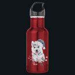 Christmas Husky Dog in a Santa Hat Waterfles<br><div class="desc">Een waterfles met een griezelig en schattig schilderij van een husky hond met een blauwe kersthoed.</div>
