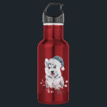 Christmas Husky Dog in a Santa Hat Waterfles<br><div class="desc">Een waterfles met een griezelig en schattig schilderij van een husky hond met een blauwe kersthoed.</div>