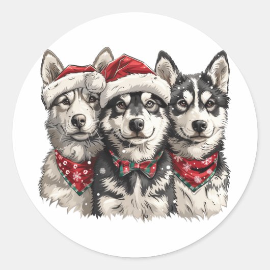 Christmas Husky Dogs Ronde Sticker (Voorkant)