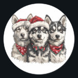 Christmas Husky Dogs Ronde Sticker<br><div class="desc">Schattigee illustratie van een Pommerse hond verkleed voor Kerstmis. Perfect voor dierenliefhebbers of hondenouders tijdens het vakantieseizoen.</div>