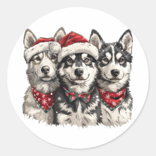 Christmas Husky Dogs Ronde Sticker