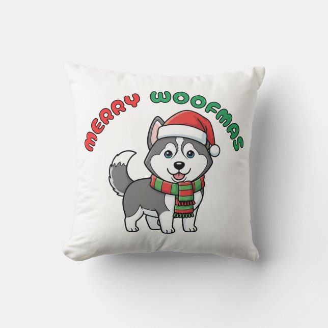 Christmas Husky Pillow: Merry Woofmas Kussen (Voorkant)